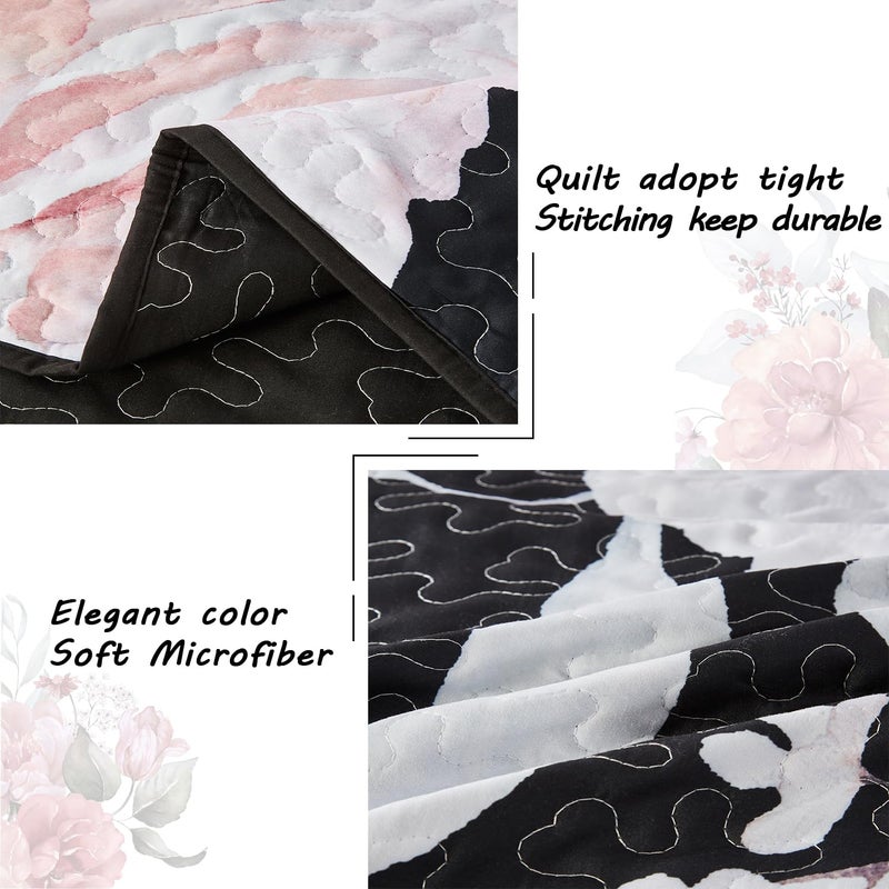 Yogeneg Full Queen Size Quilt Set  Pink Floral Botanical Pattern Black Bedding Set 3 Piece Lightweight Soft Summer Bedspread Coverlet with 2 PIillow Sham for All Season(Pink Floral 90""x96"") - Image 5